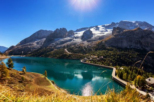 Lago Fedaia (Fedaia Lake), Fassa Valley, Trentino Alto Adige, an artificial lake and a dam near Canazei city, located at the foot of Marmolada massif.