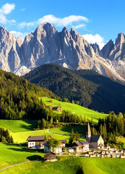 Famous best alpine place of the world, Santa Maddalena (St Magdalena) village with magical Dolomites mountains in background, Val di Funes valley, Trentino Alto Adige region, Italy, Europe