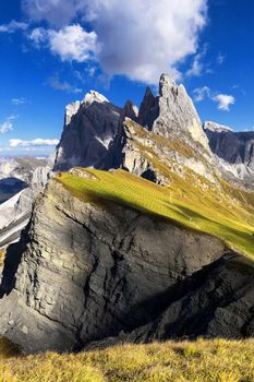 Amazing views in the Dolomites mountains. Views from Seceda over the Odle mountains are spectacular.