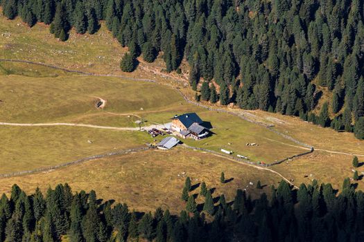 Chalet view from seceda mountain, Italy, Dolomites, Europe