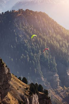 Paragliders at seceda plateau, Dolomites, Italy, Europe