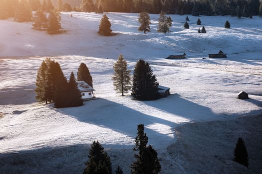 Beautiful view of traditional wooden mountain chalets on scenic Alpe di Siusi with famous Langkofel mountain peaks in the background in golden morning light at sunrise, Dolomites, South Tyrol, Italy