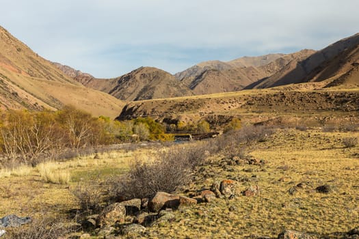 A gorge in the mountains with a river. Kokemeren river in Jumgal District of Naryn Province of Kyrgyzstan. Stones and bushes on the river bank.