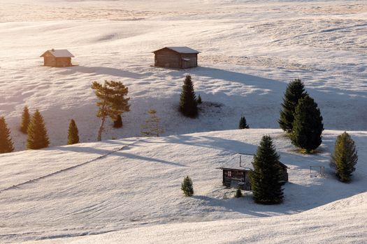 Beautiful view of traditional wooden mountain chalets on scenic Alpe di Siusi with famous Langkofel mountain peaks in the background in golden morning light at sunrise, Dolomites, South Tyrol, Italy