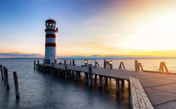 Wonderful Summer Sunset Impression of lighthouse at lake Neusiedl (Podersdorf am See, Burgenland, Austria)