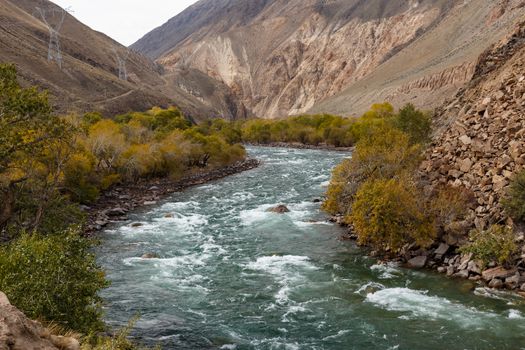 Kokemeren river in the Naryn region of Kyrgyzstan. mountain river in the gorge
