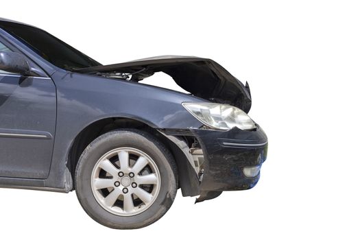 Front of black color car damaged and broken by accident isolate on white background. Save with cliping path.
