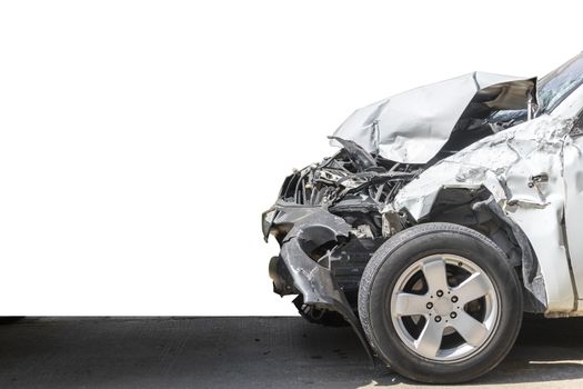 Front of car damaged and broken by accident on road. Isolate on white background. Save with cliping path.
