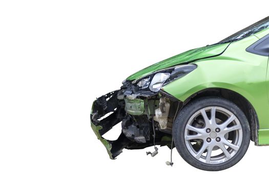 Front of green color car damaged and broken by accident isolate on white background. Save with cliping path.