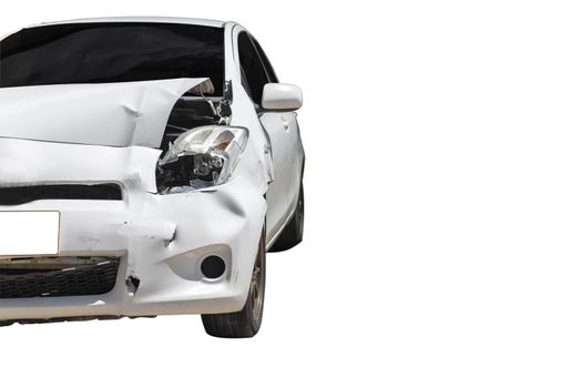 Front of white color car big damaged and broken by accident. Isolate on white background.