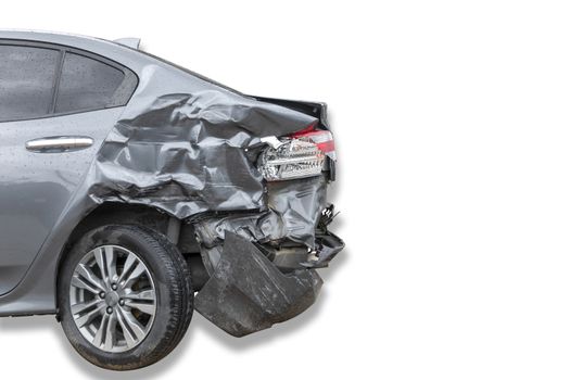 In raining day back side of  gray color car damaged and broken by accident on road parking can not dirve any more. isolate on white background. Save with cliping path