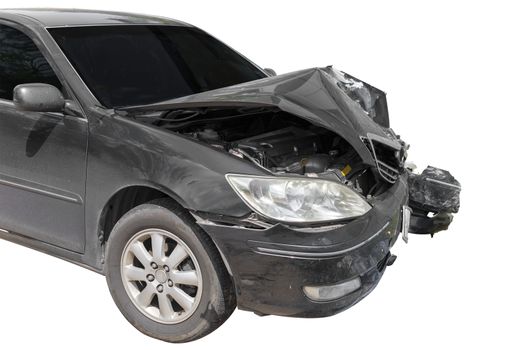 Front of black color car damaged and broken by accident isolate on white background. Save with cliping path.
