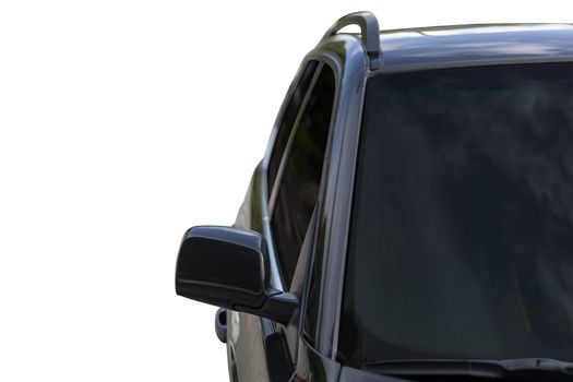 Front of Black color car with Windshield and back side wing mirror isolate on white bakcground. Save with cliping path.