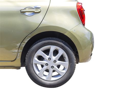 Car crash. Beside the deep green color car have scratch from damage. Close up scratch. Isolate on white background. Save with cliping path.	