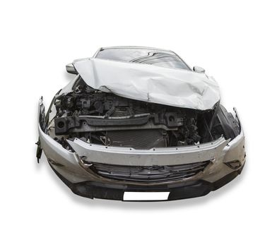 Front of gray color car damaged and broken by accident . Isolate on white background. Save with cliping path