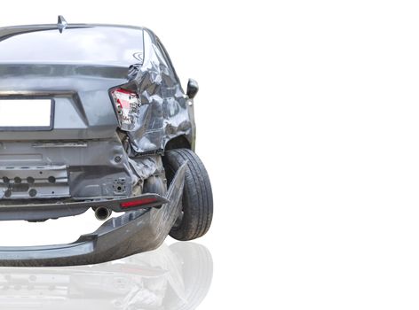 Back side of  gray color car damaged and broken by accident on road parking can not dirve any more. isolate on white background. Save with cliping path