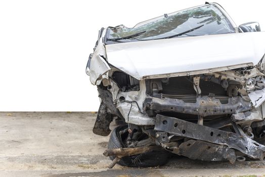 White color car damaged and broken by accident . Isolate on white background. Save with cliping path
