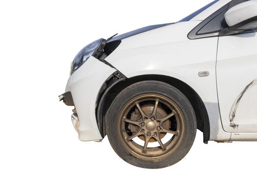 Front of white color car damaged and broken by accident on road parking con not drive any more. Isolate on white background. Save with clipping path