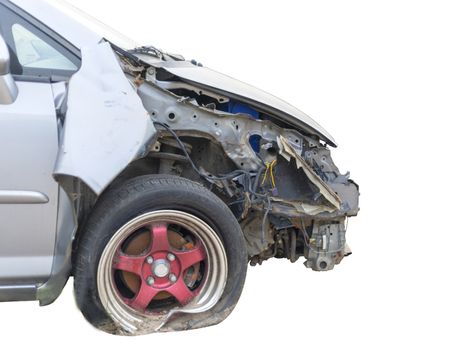 Front of car damaged and broken by accident on road isolate on white background. Save with cliping path