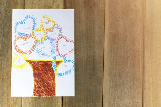 Tree of mom. draw the picture with pencil and Wood color on white paper put on wood table. Withe copy space for text or design.