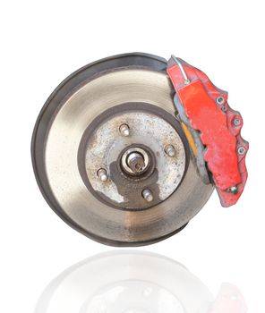 Front disc brake with red cover brake caliper isolate on white background. Save with clipping path.