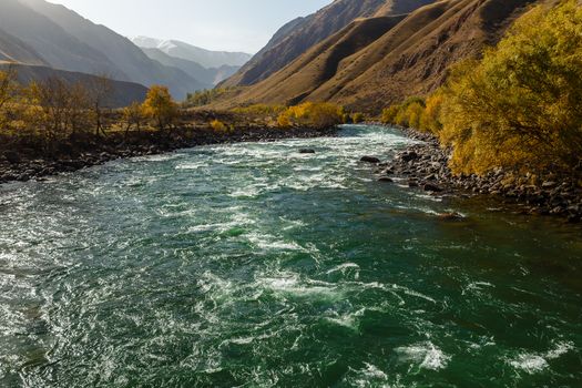mountain river autumn landscape, Kokemeren river, Kyzyl-Oi, Jumgal District, Kyrgyzstan