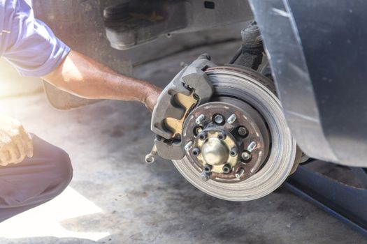 Transportation concept. Hand mechanic hold the break caliper for repair brake disc . 