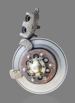 Front disc brake with brake caliper open cover caliper process of new break pad. Isolate on gray background. Save with clipping path.