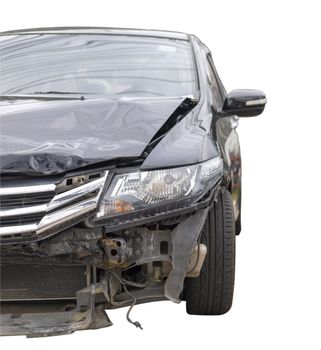 Front of black color car have big damaged and broken by accident on road can not drive any more park for wait insurance officer. Isolate on white background. Save with clipping path