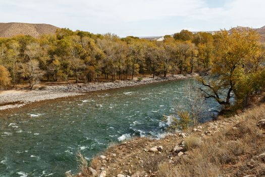 Kokemeren river in Naryn Region of Kyrgyzstan, autumn landscape