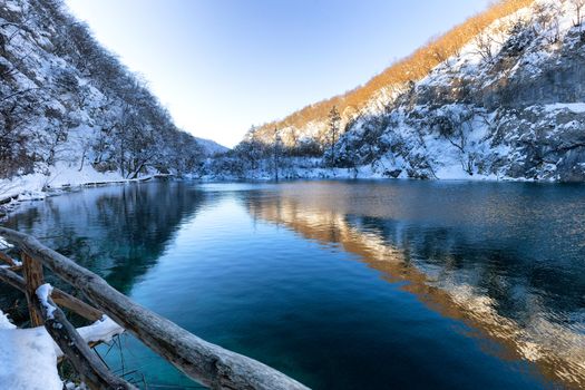 Plitvice lakes at winter with beautiful reflections