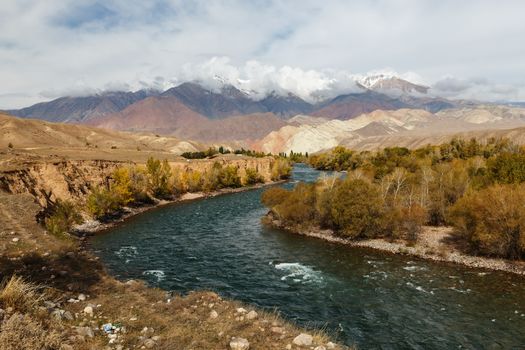 Kokemeren river in Naryn Region of Kyrgyzstan, autumn landscape