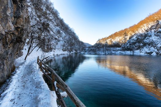 Plitvice lakes at winter with beautiful reflections