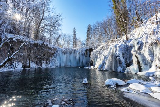 Frozen waterfall at plitvice lakes, Croatia