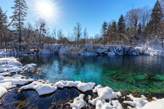 Beautiful view of plitvice lakes national park during winter