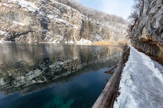 Plitvice lakes at winter with beautiful reflections