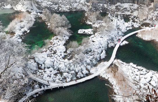 Plitvice lakes during winter, aerial view