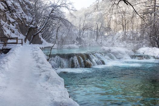 Waterfall at plitvice lakes during winter, Croatia, Europe