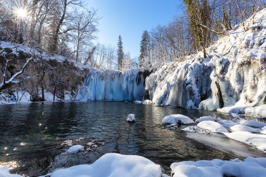 Frozen waterfall at plitvice lakes, Croatia