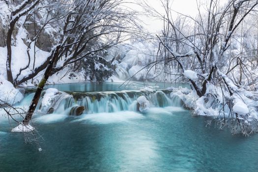 Waterfall at plitvice lakes during winter, Croatia, Europe