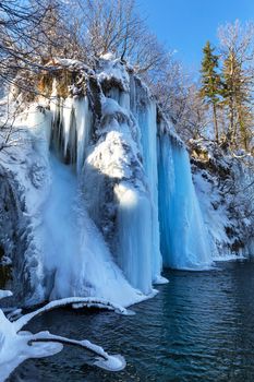 Frozen waterfall at plitvice lakes national park, Coatia