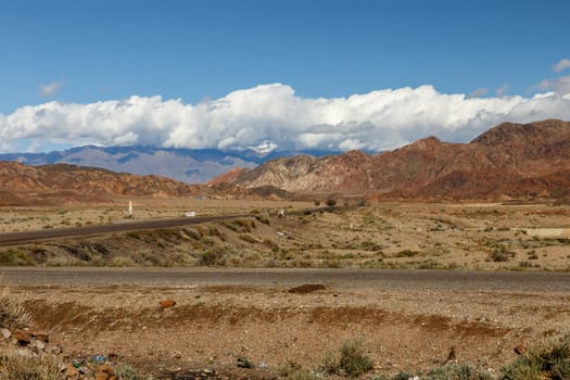 A 365 highway, passing in the Issyk-Kul Region of Kyrgyzstan, in the area of lake Issyk-Kul.
