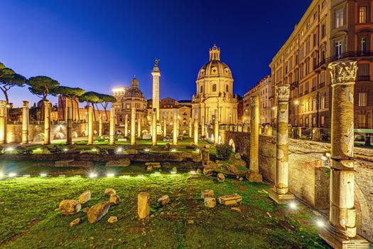 The ruins of the Trajan's Forum in Rome at night