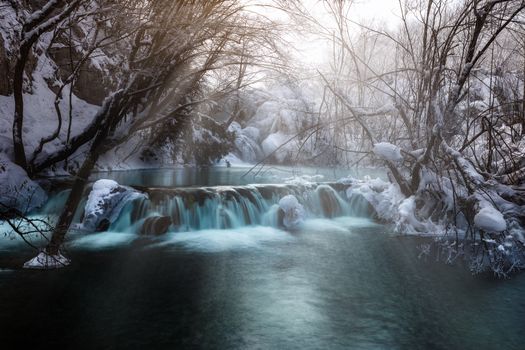 Waterfall at plitvice lakes during winter, Croatia, Europe