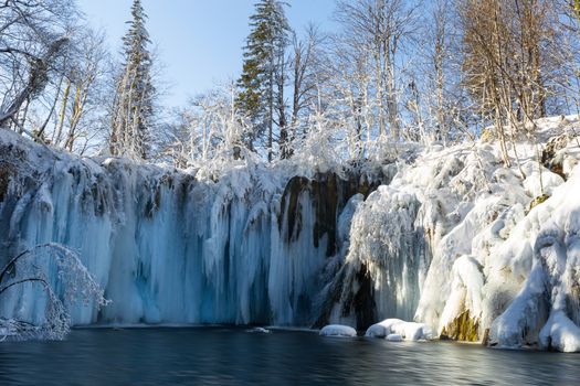 Plitvice lakes during winter with high level of snow