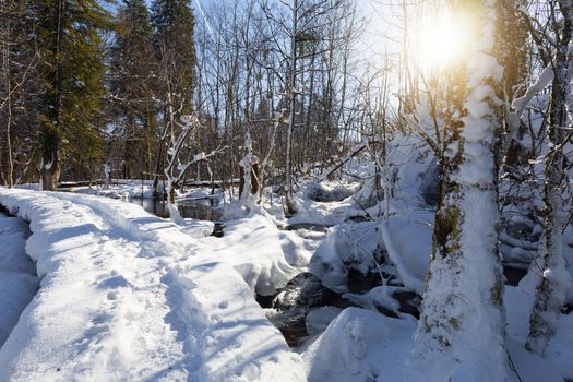 Sunny winter day at plitvice lakes with frozen waterfalls and big snow