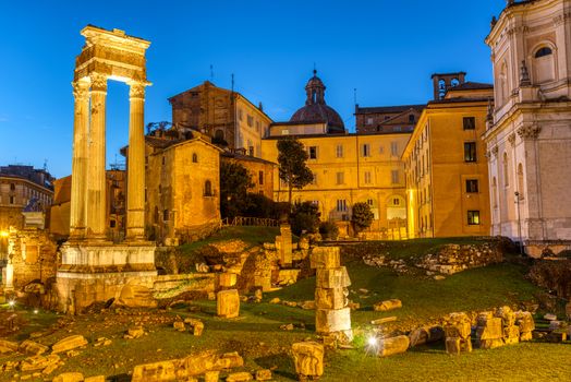 The Temple of Apollo Sosianus in Rome, Italy, at twilight