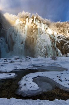 Frozen waterfall at Plitvice lakes during winter, Croatia, Europe