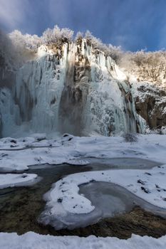 Frozen waterfall at Plitvice lakes during winter, Croatia, Europe