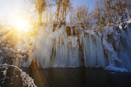 Frozen waterfall at Plitvice lakes during winter, Croatia, Europe